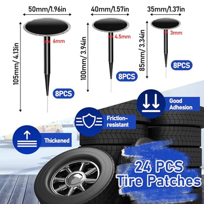 26Pcs Tire Repair Patch Tool Kit,Including 24pcs Tire Patch Plugs(35/40/50 mm), Tungsten Buffing Wheel, Tire Patch Roller with 4mm Twist Drill Bits,Tire Patch Kit for Vehicles