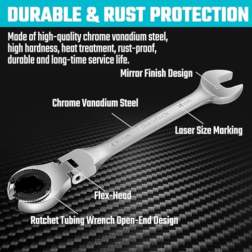 DURATECH 7-In-1 Ratcheting Wrench Set with Open Flex-head | Metric Ratcheting Tubing Wrench Set, 8-14mm, 72-Tooth Gear, CR-V Steel, with Tool Box, Gifts for Men