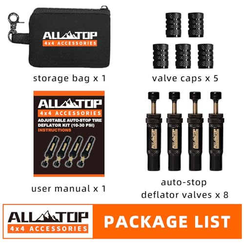 ALL-TOP Adjustable Auto-Stop Tire Deflator Valve Kit (10-30 PSI) 8 PCS Screw-on Tyre Air Down Tool for Offroad 4x4 (with 5 Valve caps) - color: 8pcs, with 5 valve caps
