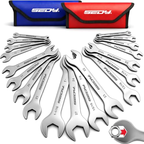 19-Piece Super Thin Open-End Wrench Set, SAE 1/4"-1-1/16" & Metric 5.5–27 mm, 3 mm Thickness Slim Wrench Set for Tight Spaces, Nickel Plated Flat Wrenches with Red & Blue Rolling Storage Pouches - style: 19-Pc MM/SAE (3mm Super Thin)