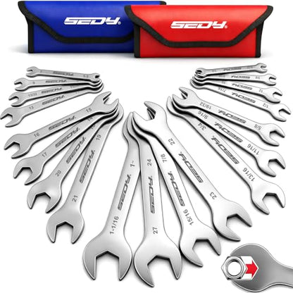 19-Piece Super Thin Open-End Wrench Set, SAE 1/4"-1-1/16" & Metric 5.5–27 mm, 3 mm Thickness Slim Wrench Set for Tight Spaces, Nickel Plated Flat Wrenches with Red & Blue Rolling Storage Pouches - style: 19-Pc MM/SAE (3mm Super Thin)