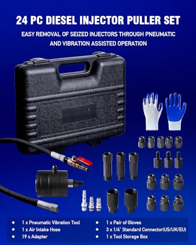 INCENDIOS 24PCS Diesel Injector Puller Set, Pneumatic Air-Powered Removal Tool | Injector Extractor Compatible with Bosch Delphi Siemens Denso, 600N Force, 5-8 Bar, 19 Adapters,US UK EU Connectors - size: 24PC
