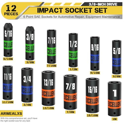 12 Pieces 3/8-Inch Drive Impact Socket Set, 5/16" to 1" Deep Socket, 6 Point SAE Sockets for Automotive Repair, Equipment Maintenance - size: 3/8 Inch SAE Deep