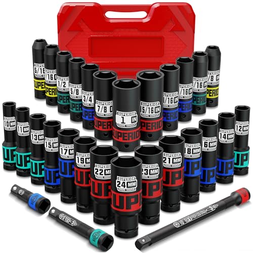 30 Piece 1/2" Drive Impact Socket Set, SAE (5/16"- 1") and Metric (10mm-24mm) Deep Socket, Including Impact Extension Bar 3 ", 5", 10", CR-V, Automotive Maintenance, Machinery Manufacturing - size: 1/2" Metric & SAE