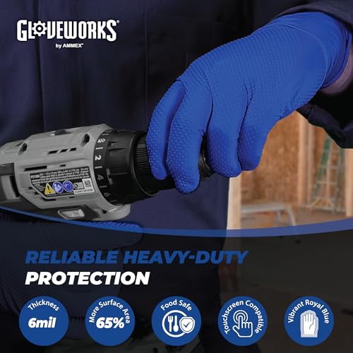 GLOVEWORKS HD Royal Blue Nitrile Industrial Disposable Gloves, 6 Mil, Latex & Powder-Free, Food-Safe, Raised Diamond Texture - size: Medium (Pack of 100), style: Box of 100