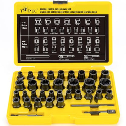 Topec Bolt Extractor Kit, 35-Piece Broken Bolt Extractor Set | Impact Bolt & Nut Remover Socket Set, Removal Tool for Removing Damaged, Frozen, Rusted, Rounded-Off Bolts, Nuts & Screws - color: 35-piece