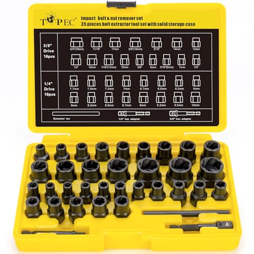 Topec Bolt Extractor Kit, 35-Piece Broken Bolt Extractor Set | Impact Bolt & Nut Remover Socket Set, Removal Tool for Removing Damaged, Frozen, Rusted, Rounded-Off Bolts, Nuts & Screws - color: 35-piece