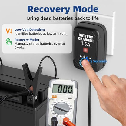 1.5A 6V/12V Car Battery Charger – Automatic Trickle Charger, Battery Maintainer & Desulfator with Overcharge Protection & Temperature Compensation – For Lead Acid, AGM, Gel, Lithium(LiFePO4) Batteries - size: 1.5A