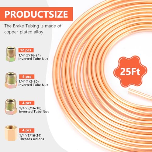 1/4" Brake Line - Easy to Bend Tubing - 25 ft 1/4" Copper Coated Brake Line + 16 x Brake Line Fittings and 4 x Threads Unions - size: 1/4" Brake Line