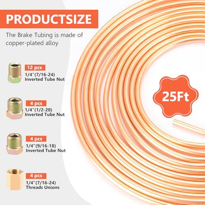 1/4" Brake Line - Easy to Bend Tubing - 25 ft 1/4" Copper Coated Brake Line + 16 x Brake Line Fittings and 4 x Threads Unions - size: 1/4" Brake Line