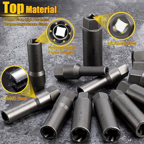 Topec 15PCS Deep Bolt Extractor Kit, 6mm-19mm Nut Extractor Socket Set, 3/8" Drive Rounded Bolt Remover, Spark Plug Extractor Tool for Broken, Stripped, Damaged, Rusted Stud and Bolt Nuts - size: 15 PCS