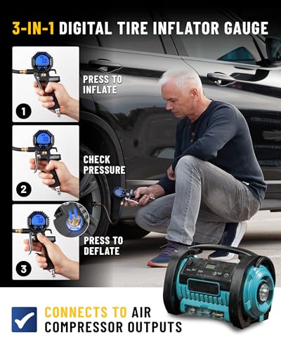 GERCHWAY Digital Tire Pressure Gauge with Inflator (3-200 PSI), Heavy Duty Air Chuck and Compressor Accessories with Swivel Air Chuck, Longer Hose, Large Display (0.1 Res)