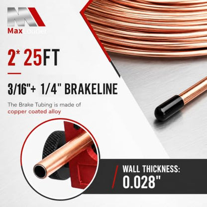 Joyzeal 25ft 3/16"+1/4" Copper Brake Line Kit, 16 Fittings+Flaring Tool | Corrosion Resistant, Hand-Bendable Steel Tubing, 4 Unions, Fits Cars Trucks SUVs, Multi-Material Compatible - size: 3/16''+1/4''