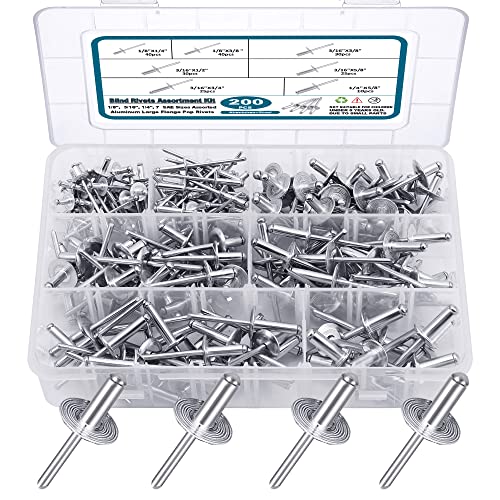 SATANTECH 200PCS Pop Rivets Assortment Kit, Large Flange Aluminum Rivets(1/8" 3/16" 1/4") Assorted Blind Rivets with Case - color: Sliver