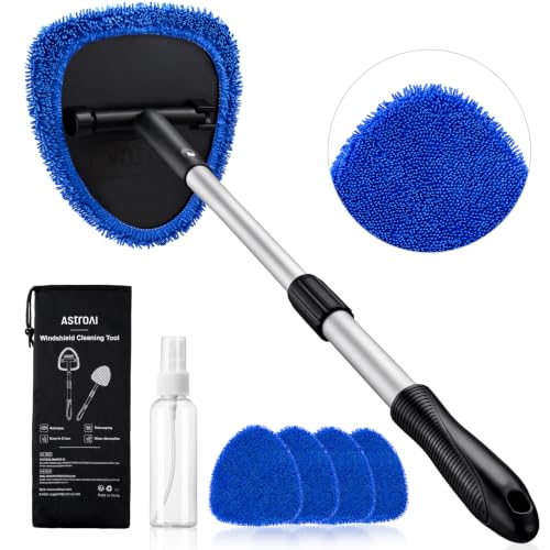 AstroAI 26" Super-Long Windshield Cleaner Tool, Car Interior Window Detailing Cleaning Kit with Extendable Handle and 4 Upgraded Reusable Microfiber Pads, Auto Glass Wiper Brush Kit for Car&Home, Blue - color: Blue, size: 26 in