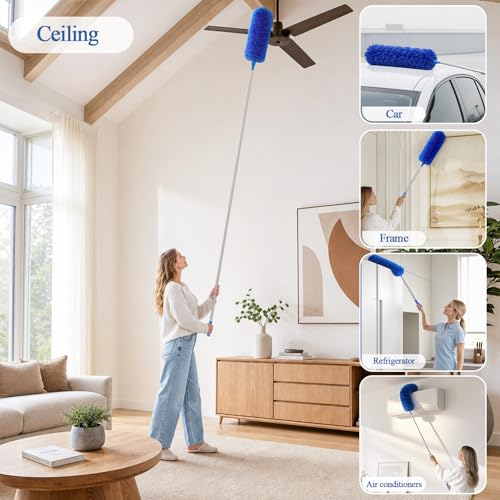 Cobweb Duster with Extension Pole 100 inches, Dusters for Cleaning with 2 Duster Heads, Washable Microfiber Feather Duster for Cleaning Ceiling Fan, High Ceiling, Blinds, Furniture & Cars - color: 2pc-blue