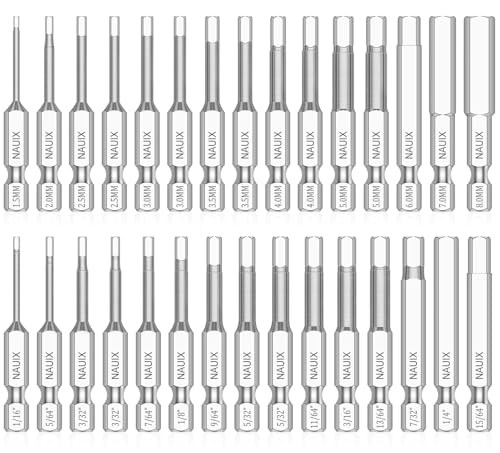 30 Piece Hex Head Allen Wrench Drill Bit Set, 1/4 Inch Shank Metric and SAE S2 Steel Hex Bit Set, Magnetic Tips 50mm Long (SAE+METRIC BITS) - style: 30 Piece Hex Head