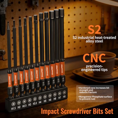 GRENPRO 11PCS Impact Hex Head Allen Wrench Drill Bit Set(Metric), 1/4" Hex Shank S2 Steel Magnetic Hex Bits, CNC Machined Tips, 4 Inch Length with Storage Box - size: 4" 11pcs(Metric)