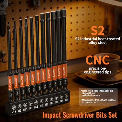GRENPRO 11PCS Impact Hex Head Allen Wrench Drill Bit Set(Metric), 1/4" Hex Shank S2 Steel Magnetic Hex Bits, CNC Machined Tips, 4 Inch Length with Storage Box - size: 4" 11pcs(Metric)