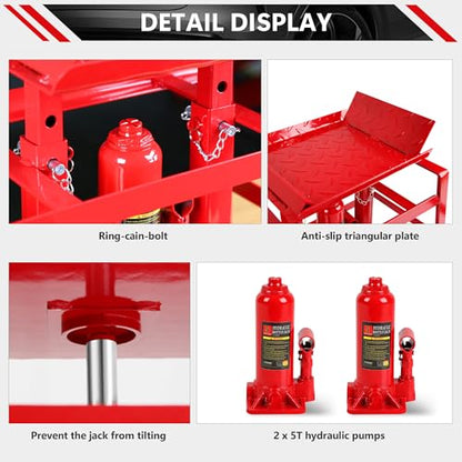 2PCS 5T Hydraulic Car Ramps, Heavy Duty Hydraulic Vehicle Ramps Lift Ramp, Portable Car Ramps for Oil Changes, with Wheel Chock Combo, Car Lifts for Home Garage, Vehicle Auto Garage Repair - color: Red +Wheel Chock (2pcs)