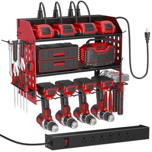 SUNALLY Power Tool Organizer Wall Mount with Charging Station,3 Layer Metal Tool Storage Rack with 4 Drill Holders, Heavy Duty Power Tool Shelf for Garage, Warehouse, Workshop, Gifts for Men, Husband - style: 4 Drill Holders F