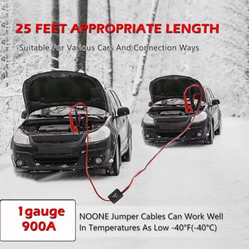 NOONE Heavy Duty Jumper Cables - 1 Gauge 25 FT 900Amp Automotive Booster Jumper Cables with Reverse Polarity Protection for Car, SUV and Trucks Battery, Jumper Cables Kit with Gloves, in Carry Bag