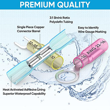 TICONN 120Pcs Heat Shrink Wire Connectors, Waterproof Automotive Marine Electrical Terminals Kit, Crimp Connector Assortment, Ring Fork Spade Butt Splices - style: 120PCS Combo