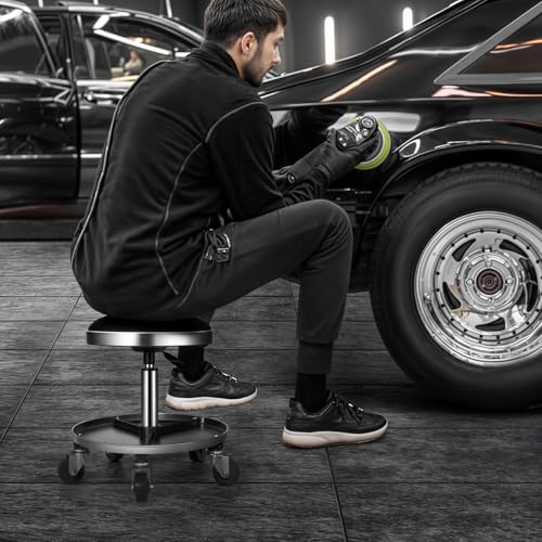 Magshion Adjustable Rolling Mechanic Stool with Wheels – 300 lbs Capacity, Pneumatic Height Adjustment, Padded Seat & Tool Tray for Garage, Shop & Workshop (Black)