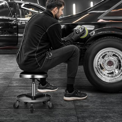 Magshion Adjustable Rolling Mechanic Stool with Wheels – 300 lbs Capacity, Pneumatic Height Adjustment, Padded Seat & Tool Tray for Garage, Shop & Workshop (Black)