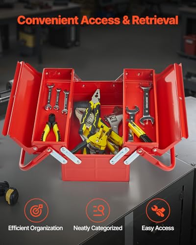 VEVOR Metal Tool Box, 14-inch, 2-Tier 3-Tray Portable Folding Tool Chest Organizer with Handle & Lock Hole, Powder Coated Steel, Cantilever Toolbox for Household Factory Warehouse Repair Shop, Red - style: 2 Tier-3 Tray