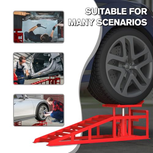 2 Pack Hydraulic Car Ramps, 5 Ton (11000 lbs) Low Profile Steel Service Ramps with Safety Valve, 3-Level Adjustable Height, Red, Heavy Duty Vehicle Lift for Garage, Truck, and Auto Repair,Red - color: Red