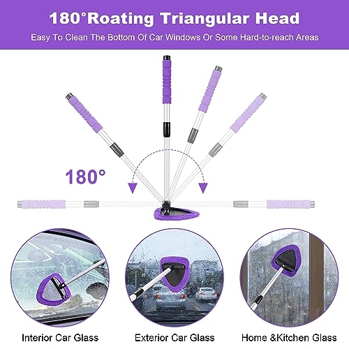 XINDELL Interior Windshield Cleaner Tool, 24" Long Reach Car Glass Cleaner with Microfiber Pads, Extendable Handle for SUV Truck Slanted Windshield & Hard-to-Reach Areas