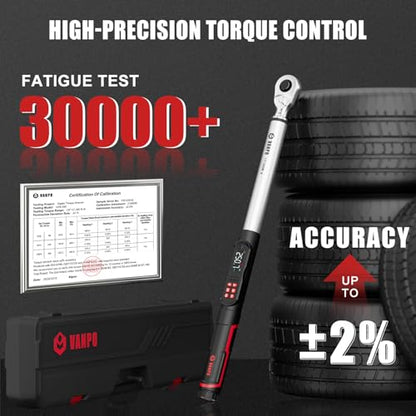 VANPO Digital Torque Wrench 1/2-Inch, 12.5–250.8 ft-lb, for Wheel Lug Nuts | Electronic Torque Wrench with LCD Display, Audible & Vibration Alert, for Automotive & Cylinder Heads, Brakes Maintenance - size: 1/2-inch 12.5-250.8 Ft-lb/17-340 Nm
