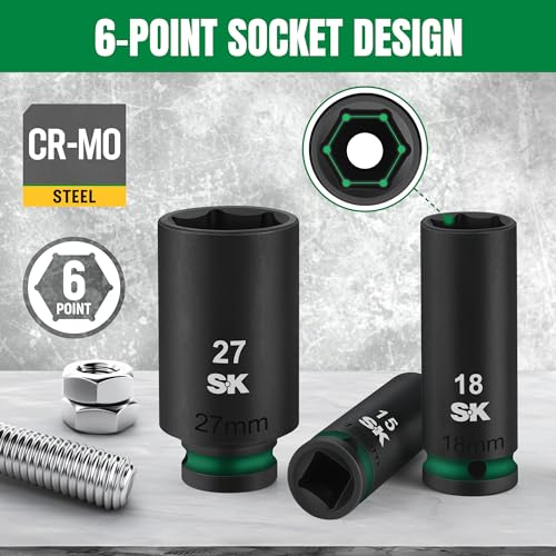 SK 1/2" Drive Impact Socket Set, Deep Metric Sockets, 13-Piece 12-27mm, Premium CR-MO Steel, SureGrip 6 Point Design, With Storage Case - size: Metric