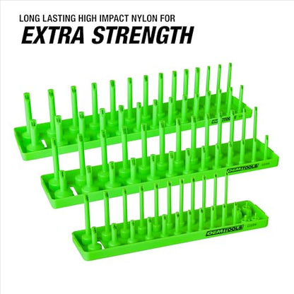 OEMTOOLS 22207 3-Pc Socket Organizer (SAE), Socket Holder Organizes 1/4", 3/8", 1/2" Drive Sockets, Posts are Clearly Labeled, Holds 1/8" to 1-1/4" Sizes | 3 Dual Rail System Socket Holder, Socket Tray with Labeled Posts, Holds 1/8" to 1-1/4", Socket Orga