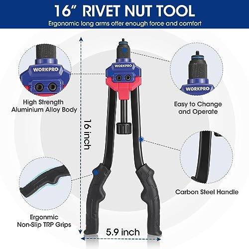 WORKPRO 16" Rivet Nut Tool Kit with Carrying Case | 11 Metric and SAE Mandrels, 185pcs Rivnuts Assortment Kit, Ideal for Sheet Metal & Automotive Work