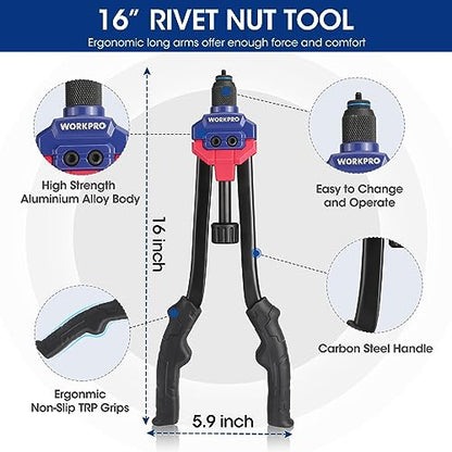 WORKPRO 16" Rivet Nut Tool Kit with Carrying Case | 11 Metric and SAE Mandrels, 185pcs Rivnuts Assortment Kit, Ideal for Sheet Metal & Automotive Work