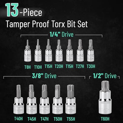 Bates- Torx Bit Socket Set, 13 pcs, TT8-TT60, 1/4" 3/8" & 1/2" Drive, Silver, Tamper Proof Torx Bit Set - size: 13 pcs, TT8-TT60