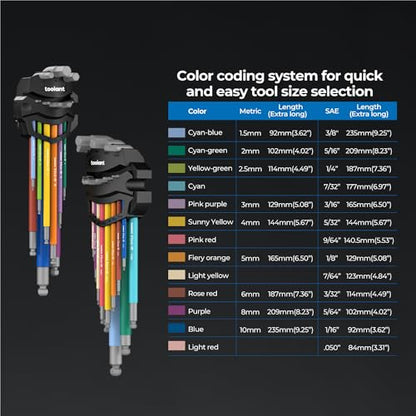 toolant Allen Wrenches Sets 22pcs(Metric&SAE), Extra Long Arm Allen Key Set with Ball End, Crafted Hex Key Set with Color Coded Sleeves, Unique Patented Holder Design for Magnetizing and Demagnetizing - size: 22pcs(Metric&SAE)