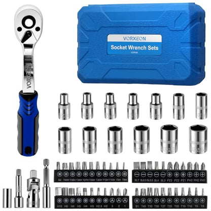62-Piece 1/4" Drive Sockets with 72-Tooth Ratchet Wrench Set, Metric Sockets 4-14mm, 44 Screwdriver Bits, Universal Joint, Extension Bar, Storage Case - size: 62-PCS 1/4" Socket Ratchet Wrench Set