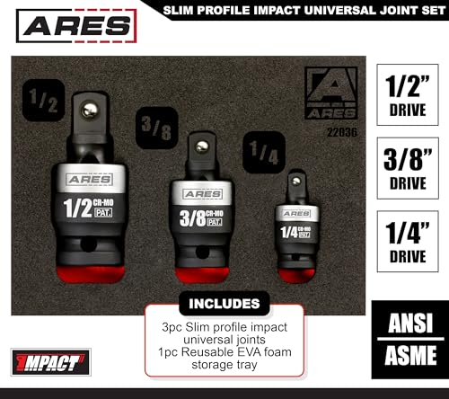 ARES 22036-3-Piece Slim Profile Impact Universal Joint Set - 1/4-Inch, 3/8-Inch and 1/2-Inch Drive Chrome Moly Steel Impact Grade U-Joint Sockets – Slim Body Profile for Superior Access - size: 1/4-Inch, 3/8-Inch, 1/2-Inch Slim Set