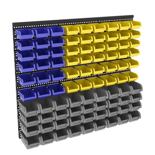 Wall Mounted Storage System 90PCS - Heavy-Duty Plastic Bins for Garage，Home, Closet & Bedroom Organization, Rack Holds Nuts, Bolts, Tools, Hardware - color: 30blue+30yellow+30grey