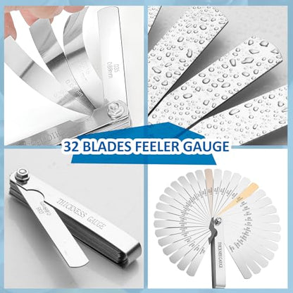 Feeler Gauge Set Stainless Steel Thickness Gauge 32 Blades 0.04-0.88 mm (0.0015-0.035 Inch) Dual Marked Metric and Imperial Measuring Tools for Measuring Gap Widths and Thicknesses
