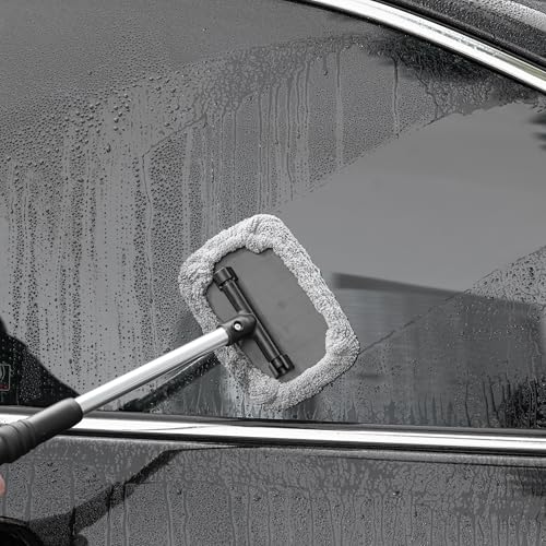 POLYTE Pivoting Windshield Glass Cleaning Tool Extendable Aluminum Handle | 3-Lint Free Microfiber Covers, Spray Bottle, Mesh Bag