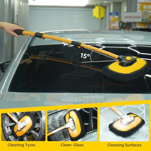 MIKKUPPA 40" Car Wash Brush with Long Handle Aluminum, Removable Brush Head | 15°Curved Wash Mop with Telescopic Handle, Scratch-Free Chenille Microfiber Brush Head, for Car SUV RV Truck Caravan Boat