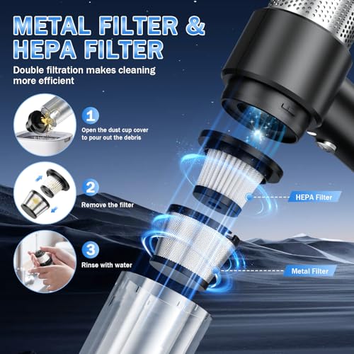 KMM Handheld Car Vacuum Cleaner, Hand Held Vacuum Cleaner & Air Duster | 16000PA Strong Suction, 120W High Power, Portable & Rechargeable, LED Light, Multi-Nozzles for Home, Car, Office, Pet - color: Black & Silver