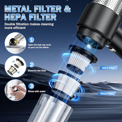 KMM Handheld Car Vacuum Cleaner, Hand Held Vacuum Cleaner & Air Duster | 16000PA Strong Suction, 120W High Power, Portable & Rechargeable, LED Light, Multi-Nozzles for Home, Car, Office, Pet - color: Black & Silver