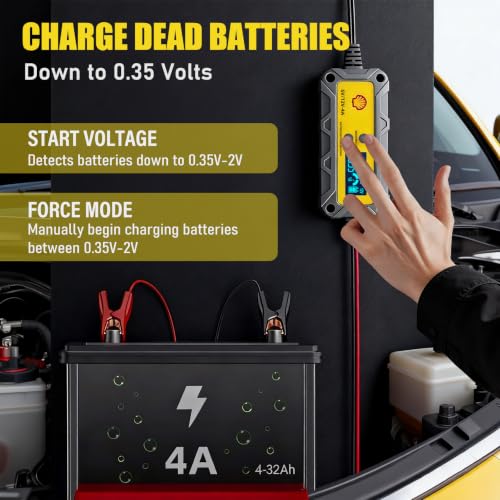 Shell Car Battery Charger 6V/12V- Smart Battery Charger 4A/1A with LCD Display, Automatic Lithium & Lead-Acid Tickle Charger Maintainer & Desulfator for Car Motorcycle Lawn Mower Boat Deep Cycle
