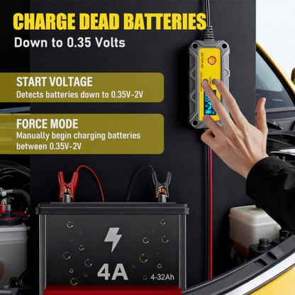Shell Car Battery Charger 6V/12V- Smart Battery Charger 4A/1A with LCD Display, Automatic Lithium & Lead-Acid Tickle Charger Maintainer & Desulfator for Car Motorcycle Lawn Mower Boat Deep Cycle