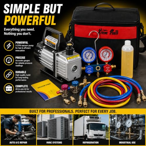 XtremepowerUS 3CFM 1/4HP Vacuum Pump HVAC R134a, R12, R22, R410a, A/C Refrigeration R134 Can Tap Adapter, R134 Quick Connector AC Manifold Gauge Air Conditioner Oil Bottle w/Bag - size: 3 CFM